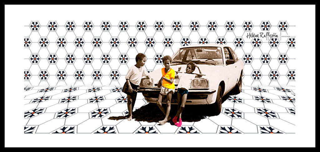 Tableau 3 gamins devant une voiture des années 70 | Hélène Raffestin